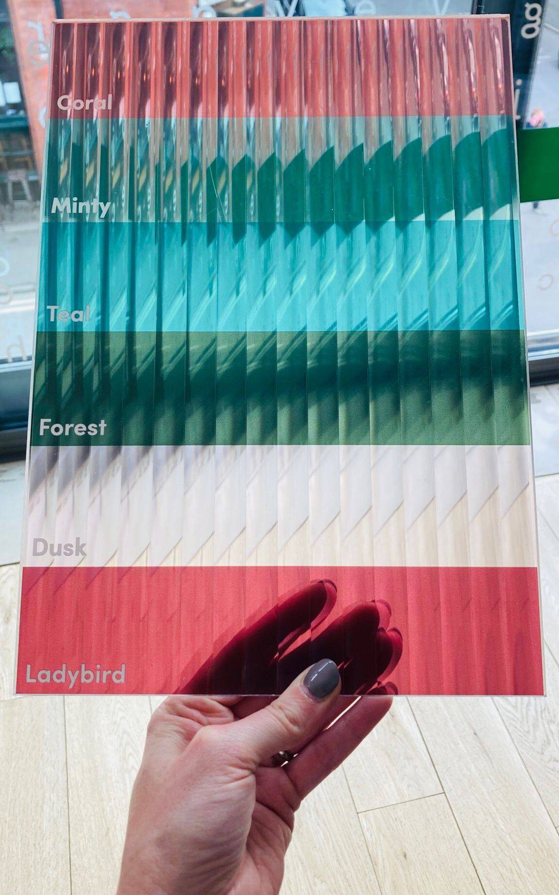 Samples of colour reeded window film.