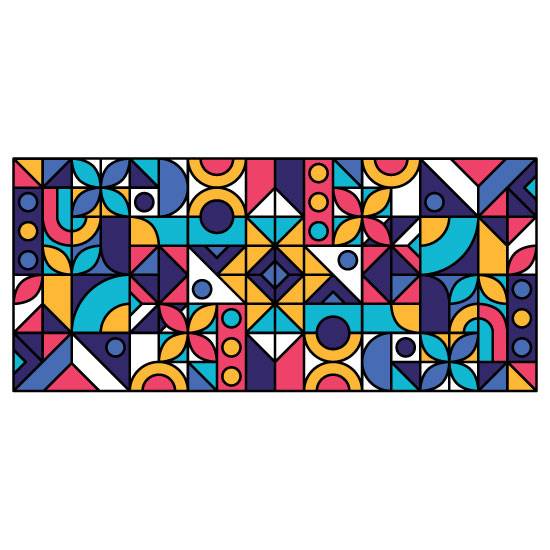 a stained glass window film with many shapes and colours