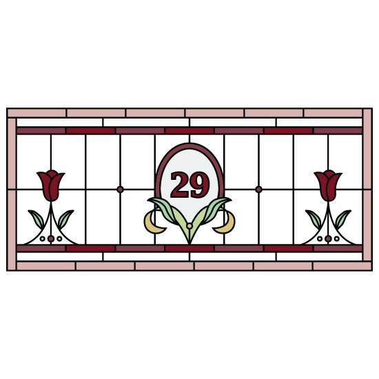 stained glass window film with a central door number and flowers