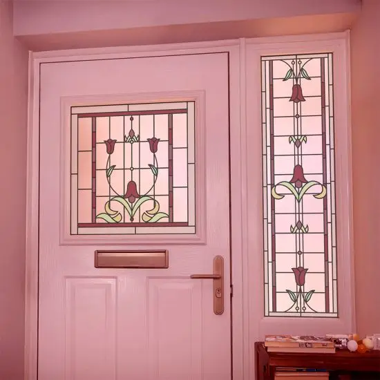 flower stained glass window film installed onto a front door