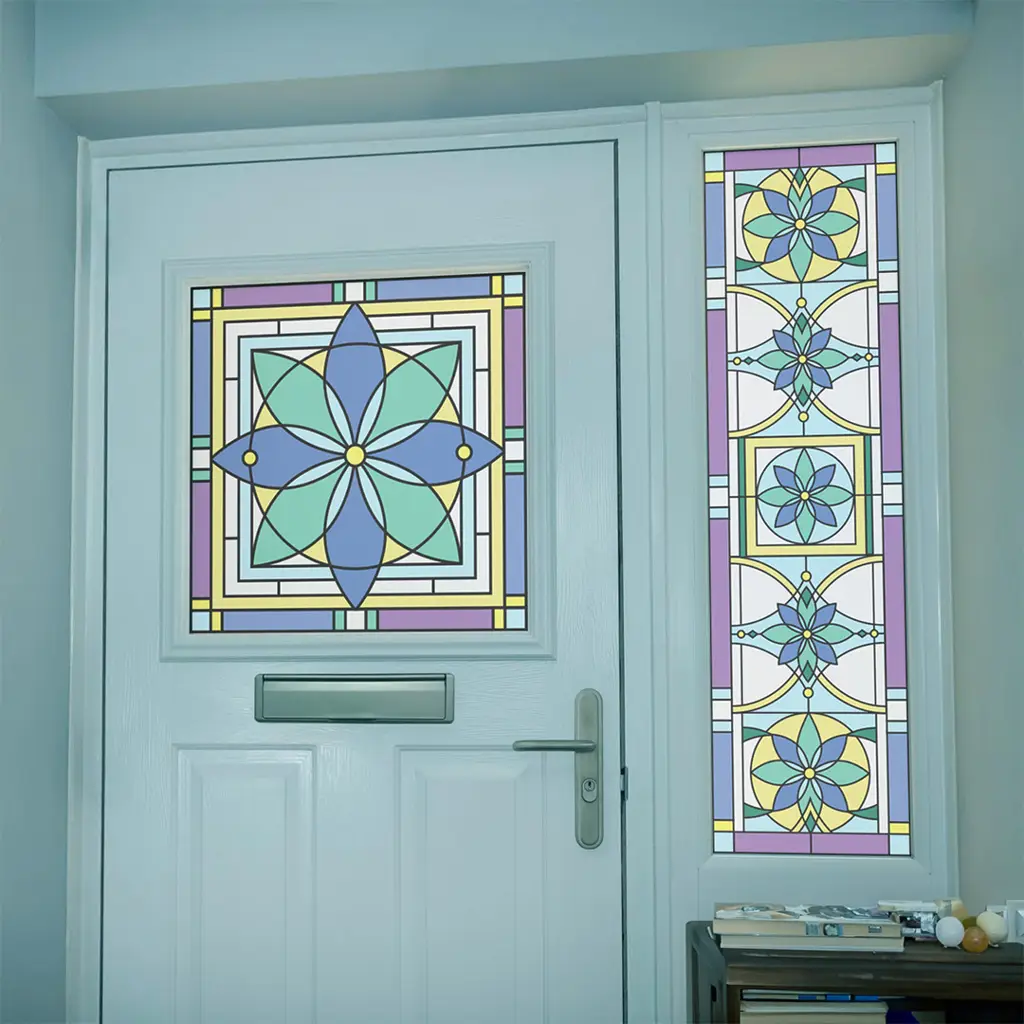 Harry floral stained glass window film in blue and purple