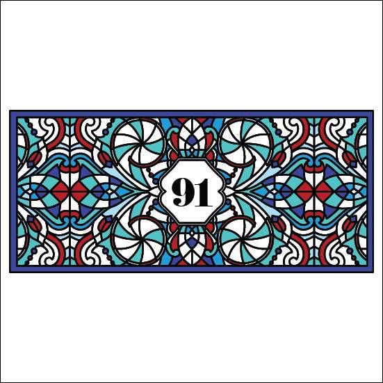 Harold stained glass window film with an intricate design and ornate pattern with a central door number