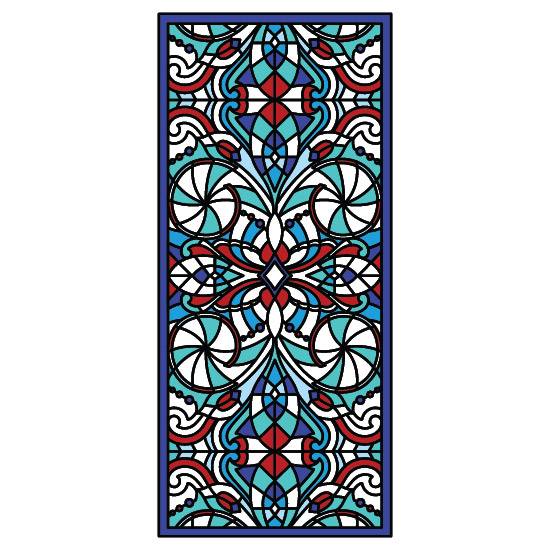 a stained glass window film design in a traditional style featuring blues and reds