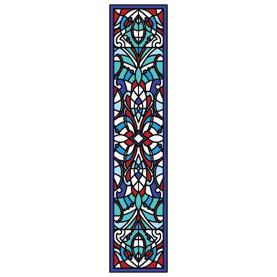 a blue and red ornate window film design with swirls and shapes