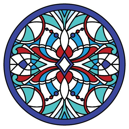 a blue and red stained glass design with a traditional style