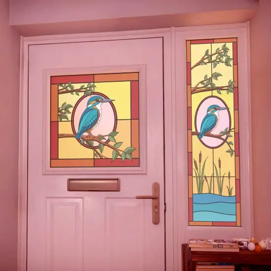 A colourful stained glass window film with a kingfisher bird on a tree above water and reeds. A modern window film and a great nature lovers window sticker.