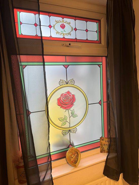 mimi stained glass window film installed onto a door