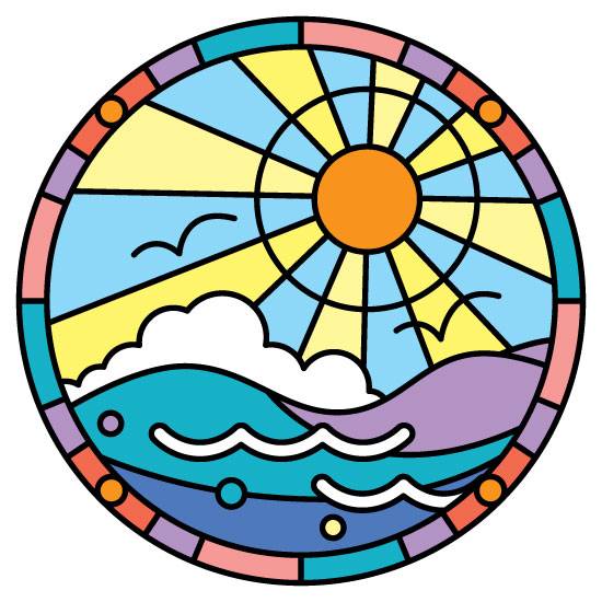seaside stained glass window film in a circle shape