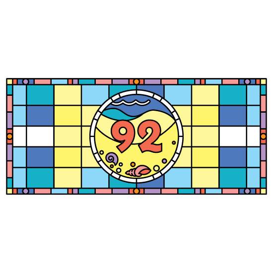 beach stained glass window film with a central door number