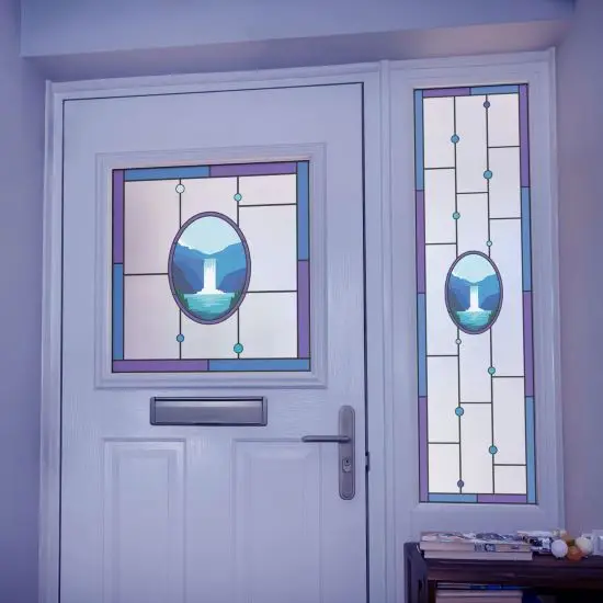 A simple stained glass window film with blue circles surrounding a central waterfall design and a blue and purple border