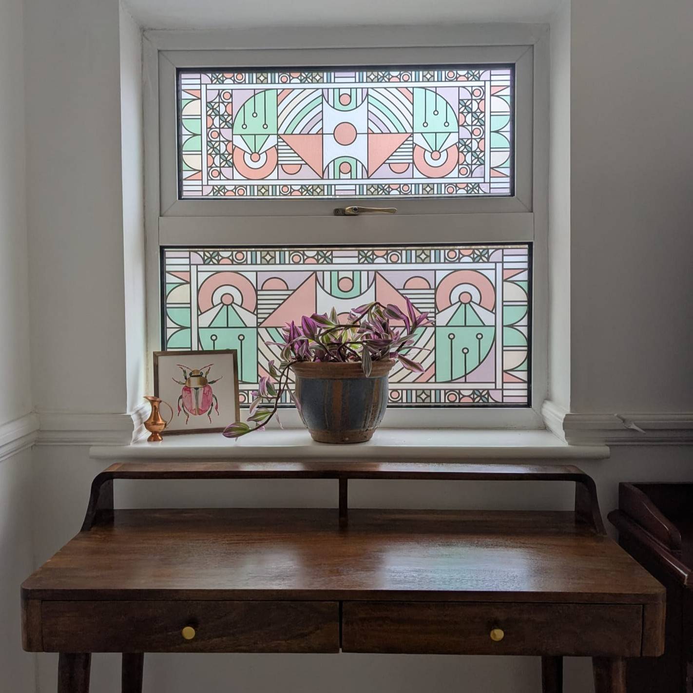 Luna Geometric Stained Glass Window Film in Pink And Green