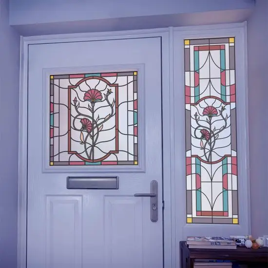 Victorian stained glass window film, flower stained glass film installed onto a door.