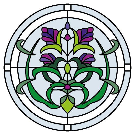 purple flower stained glass window film in a circle design.