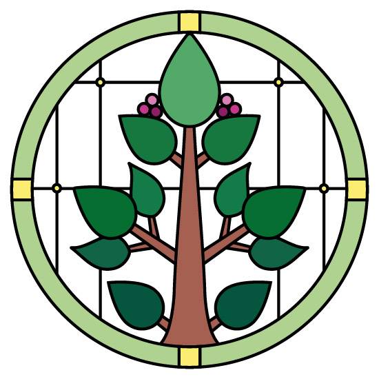 A stained glass circle design with a central tree and green leaves