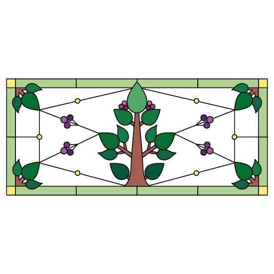 a stained glass design with a central tree and berries within a light green border