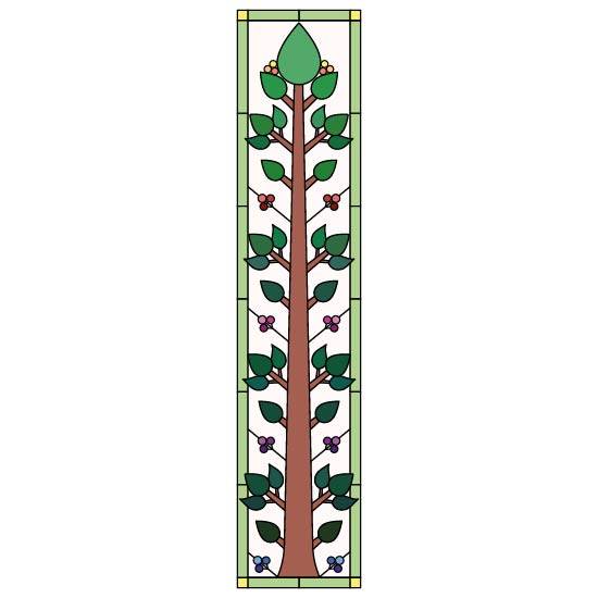 a stained glass window film design with a tall tree in the center with leaves and berries.