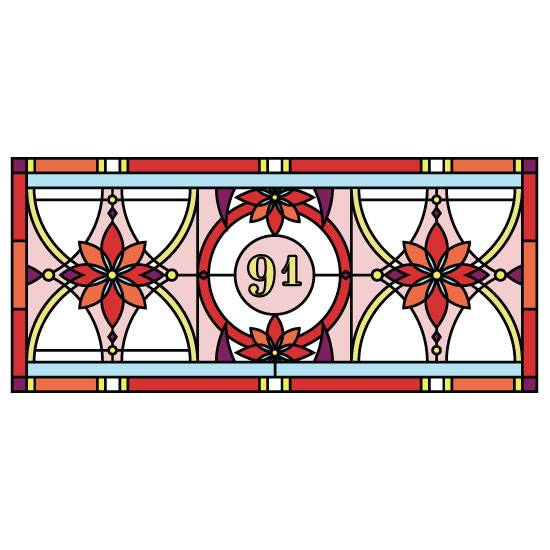 Red and orange flower stained glass window film with a central door number