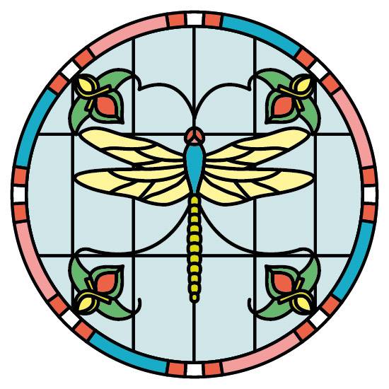 a dragonfly stained glass window film in a circle shape