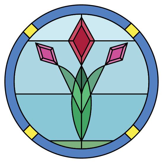 A circle stained glass design with a central flower with diamonds