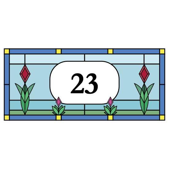 a stained glass design with a blue background featuring pink and red flowers