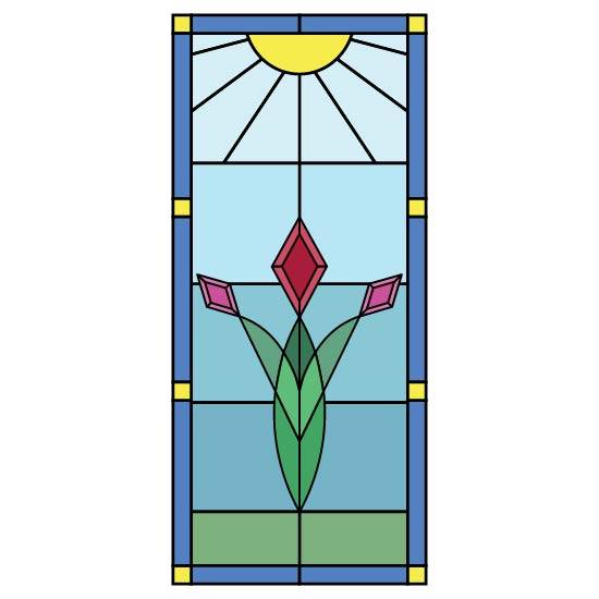 a simple stained glass design with red and pink flowers with a sun above it on a blue and green background