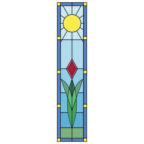 a stained glass design with a single red flower and leaves on a blue background with a full sun above it