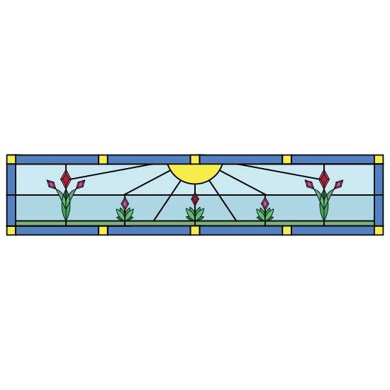 a floral stained glass design with multiple red and pink flowers with a central sun on a blue and green background