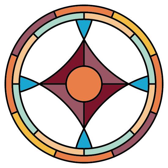 a circle stained glass window film in orange and pastel colours with a central design