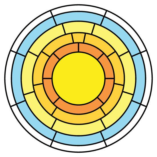 Circular sun stained glass window film with yellows, oranges and blues.