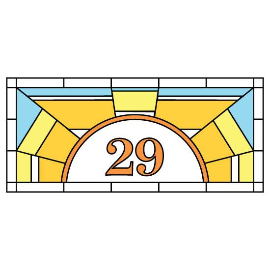 Sun stained glass window film with a central door number in orange.