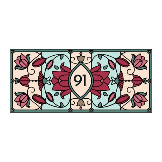 lee stained glass window film with red flowers and a center door number