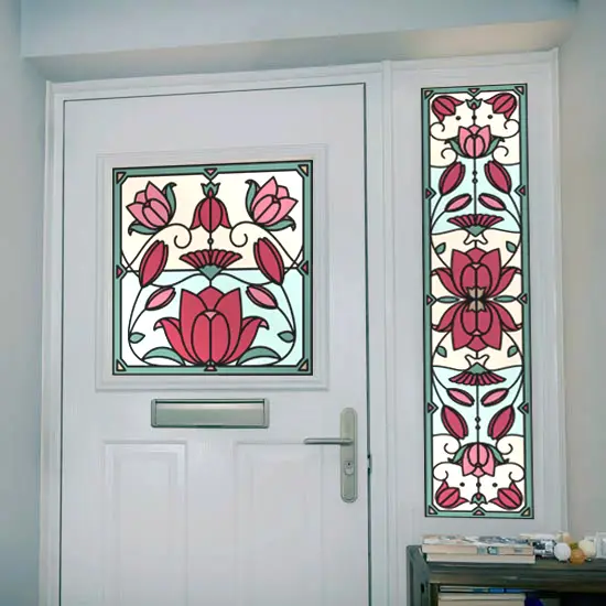 a stained glass window film with a bundle of red flowers and vines
