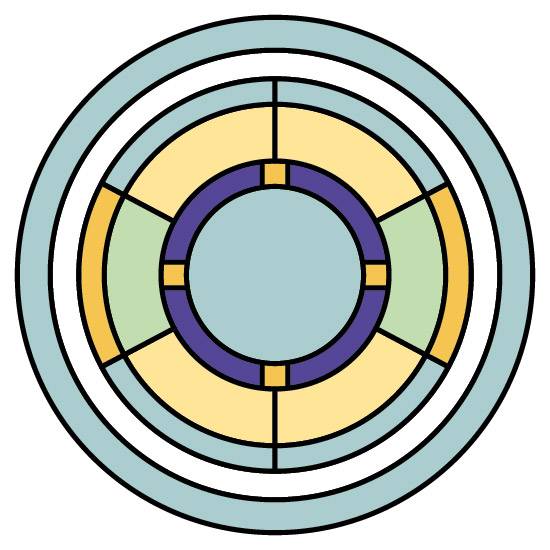 a blue and yellow stained glass pattern in a circle design