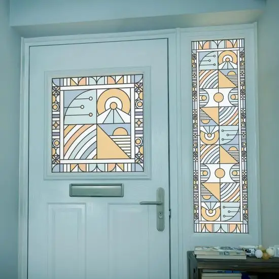 Pastel blue stained glass window film installed onto a door and window