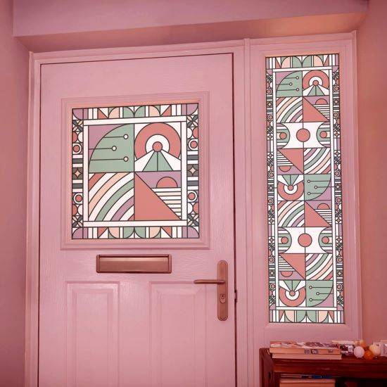 pastel pink and green stained glass window film installed onto a door and window