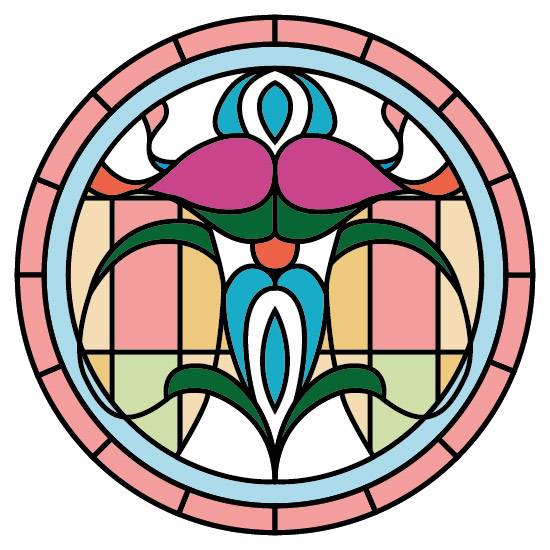 a stained glass design in a circle shape with a central flower