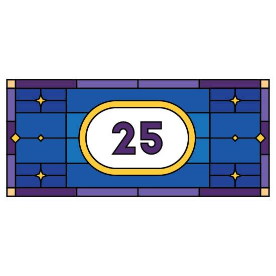 a stained glass window film design with a central number with a yellow border surrounded by a blue sky and many stars