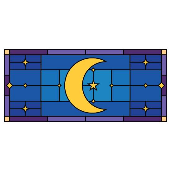 A night sky stained glass window film design with a central crescent moon surrounded by many stars and a purple border