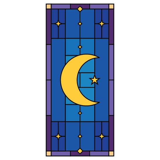 A dark blue stained glass window film with a central crescent moon and multiple stars