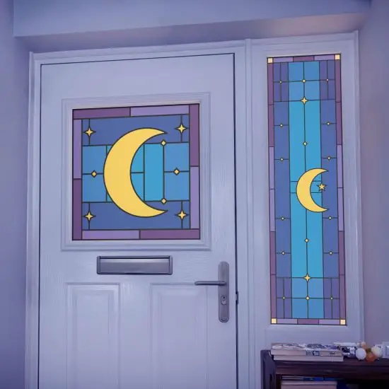 Mat stained glass window film. A simple window sticker design with a crescent moon and stars with a witchcraft feel. Great for witchy homes or Witchcore.