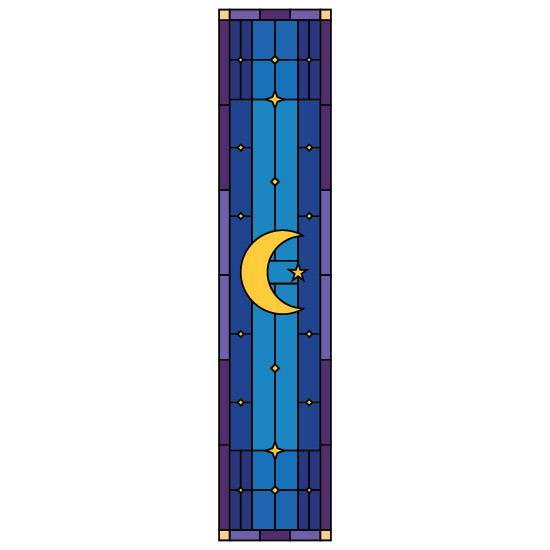 A long and tall stained glass window film design with a crescent moon in the center surrounded by stars and a night sky in the background