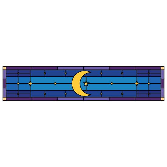 A wide stained glass window film with a dark blue background and a central moon with many stars surrounded by a purple border