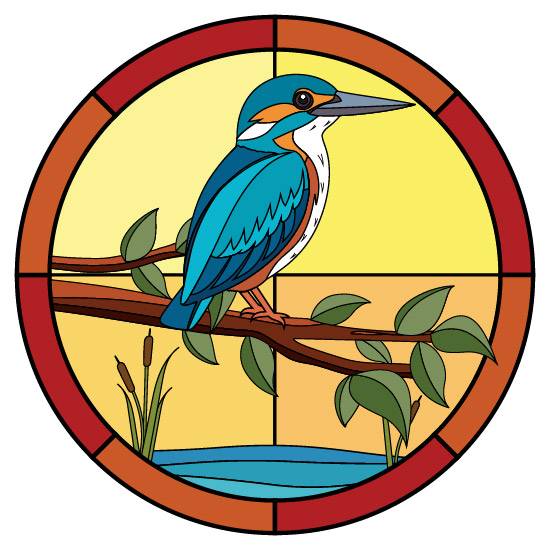 a circle stained glass design with a bird in the middle. This bird stained glass has a yellow background and a red border