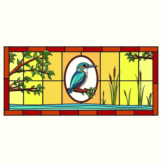a yellow stained glass background with a central kingfisher bird sat on a branch above water and reeds