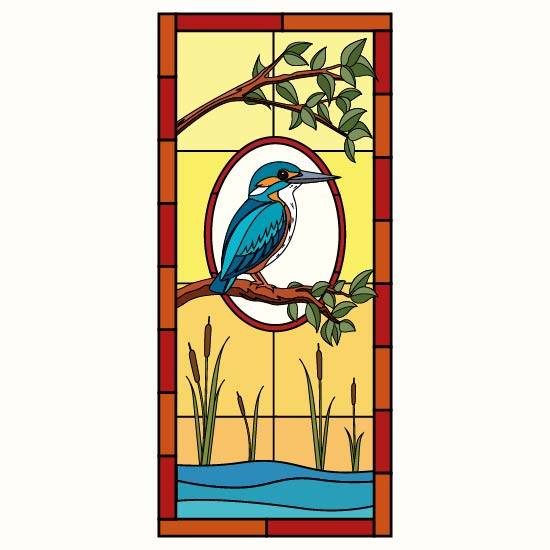 a yellow stained glass background with a central kingfisher bird sat on a branch above water and reeds and underneath another branch