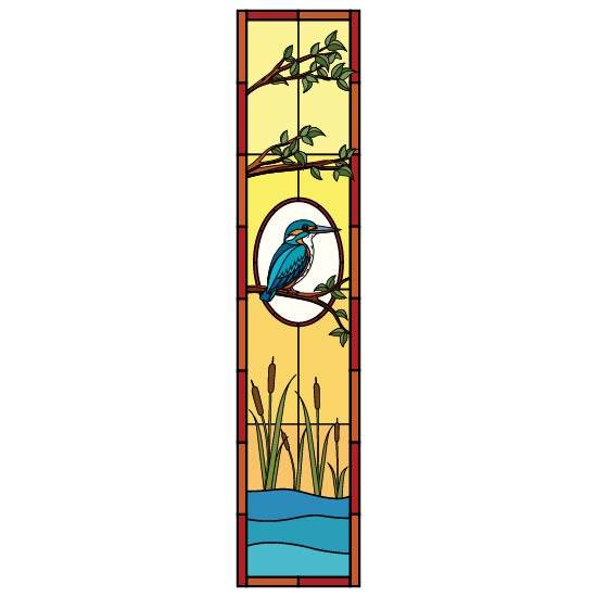 a yellow and orange stained glass window film with a blue kingfisher bird in the centre perched on a branch overlooking water and reeds with two branches above it
