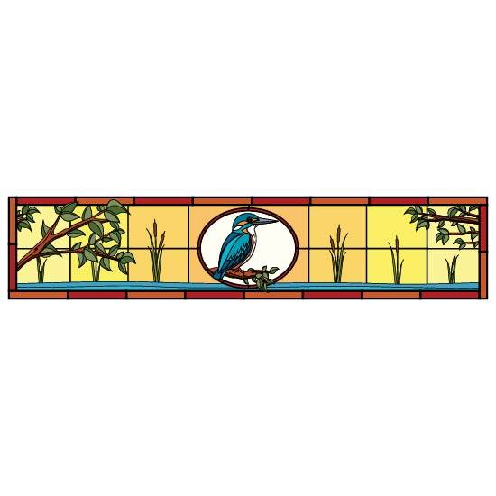 a yellow and orange stained glass window film with trees at the left and the right with a central blue kingfisher bird overlooking water and reeds