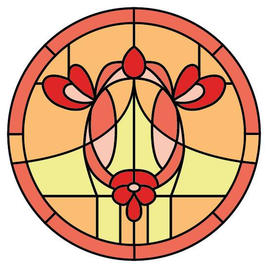 an orange, yellow and red stained glass design in a circular shape for porthole windows