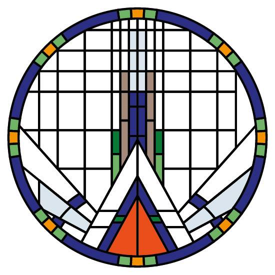 a modern stained glass design in a circle shape for porthole windows and round windows