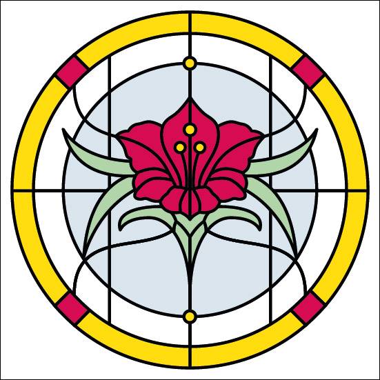 a traditional stained glass window design with a central red flower in a circle shape for rounded windows
